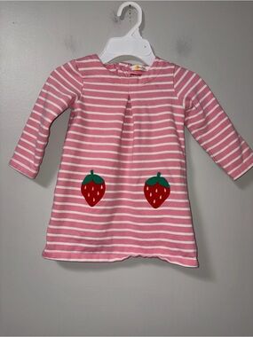 Baby Boden Pink White Striped Long Sleeve Knit Strawberry Appliqué Dress 18-24 M